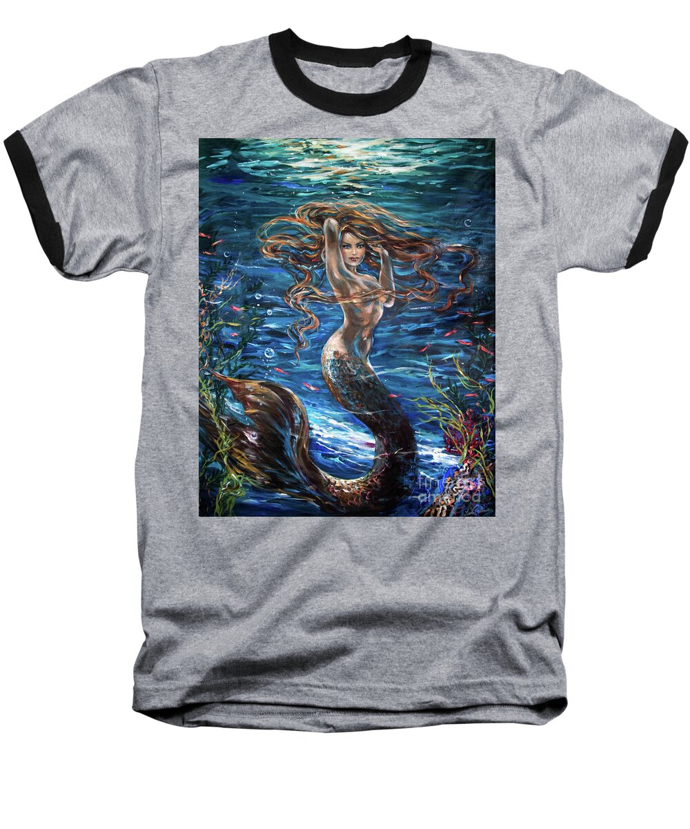 Mermaid Baseball T-Shirt featuring the painting Siren Attitude by Linda Olsen
