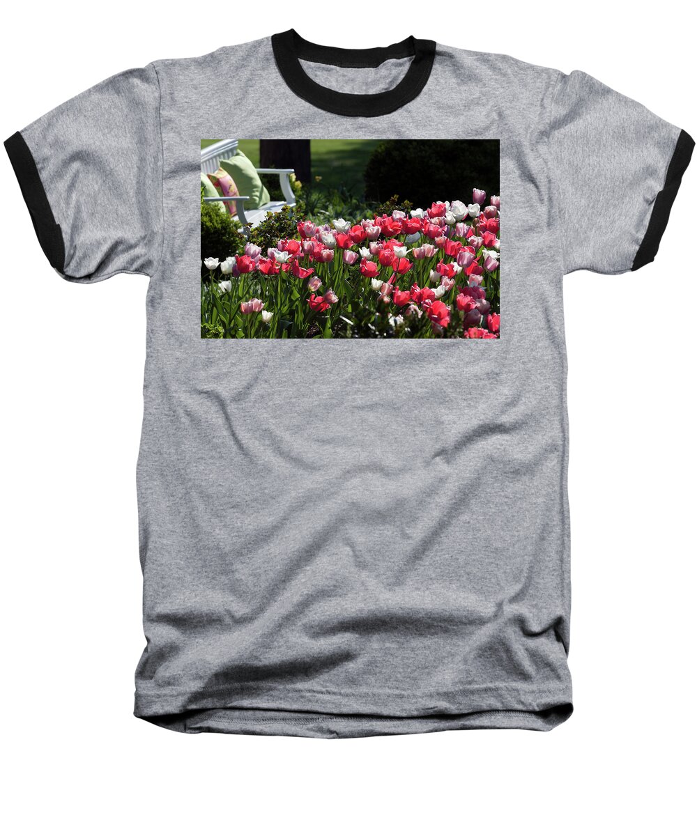 Virginia Baseball T-Shirt featuring the photograph Sit by the Tulip Garden by Karen Lee Ensley