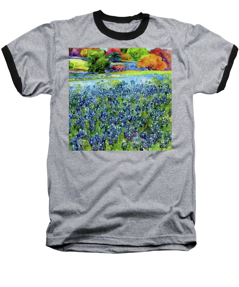 Bluebonnet Baseball T-Shirt featuring the painting Spring Impressions - Bluebonnet and oak tree 3 by Hailey E Herrera