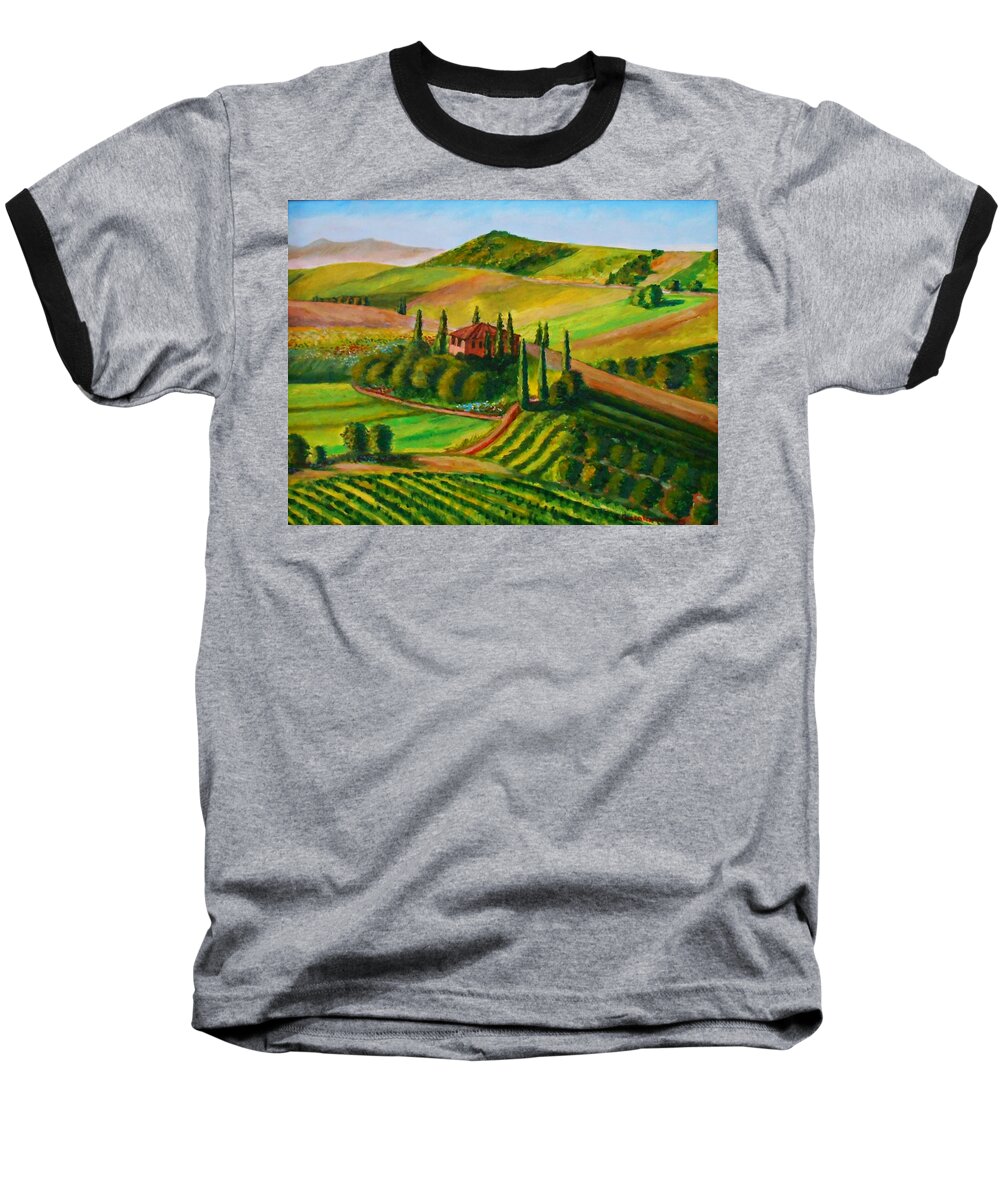 Green Baseball T-Shirt featuring the painting Spring in Tuscany by Konstantinos Charalampopoulos