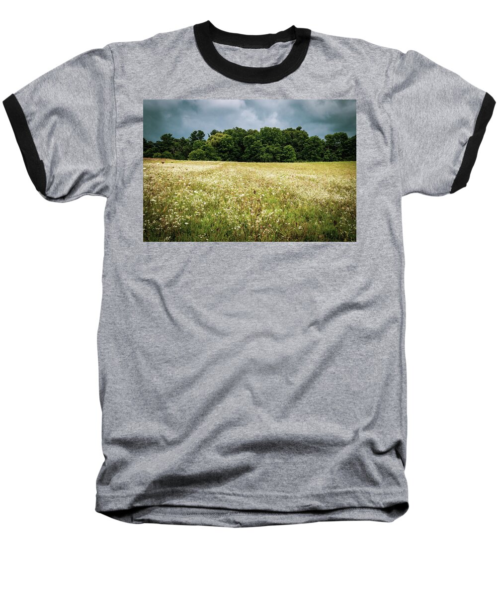 Storm Clouds Baseball T-Shirt featuring the photograph Storm Clouds and Wild Flowers by Michael Saunders