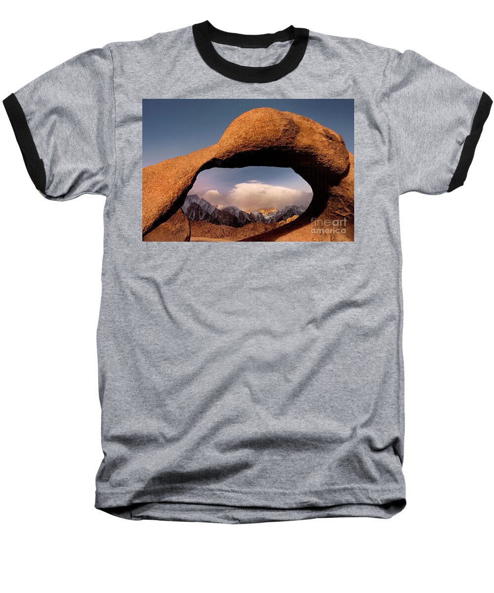 Dave Welling Baseball T-Shirt featuring the photograph Storm Through Mobius Arch Alabama Hills California by Dave Welling