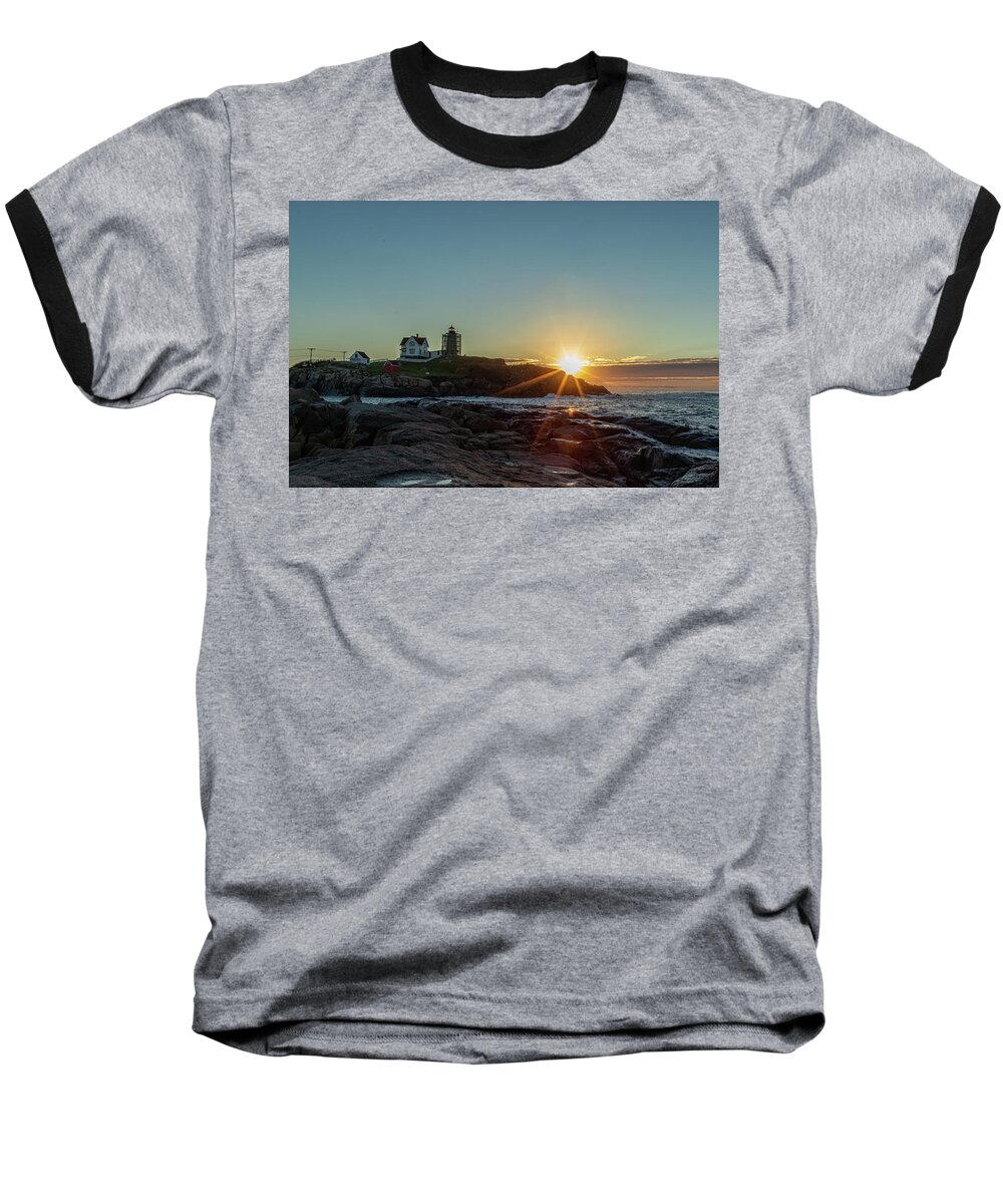 Lighthouse Baseball T-Shirt featuring the photograph Sunrise at Nubble by Rod Best