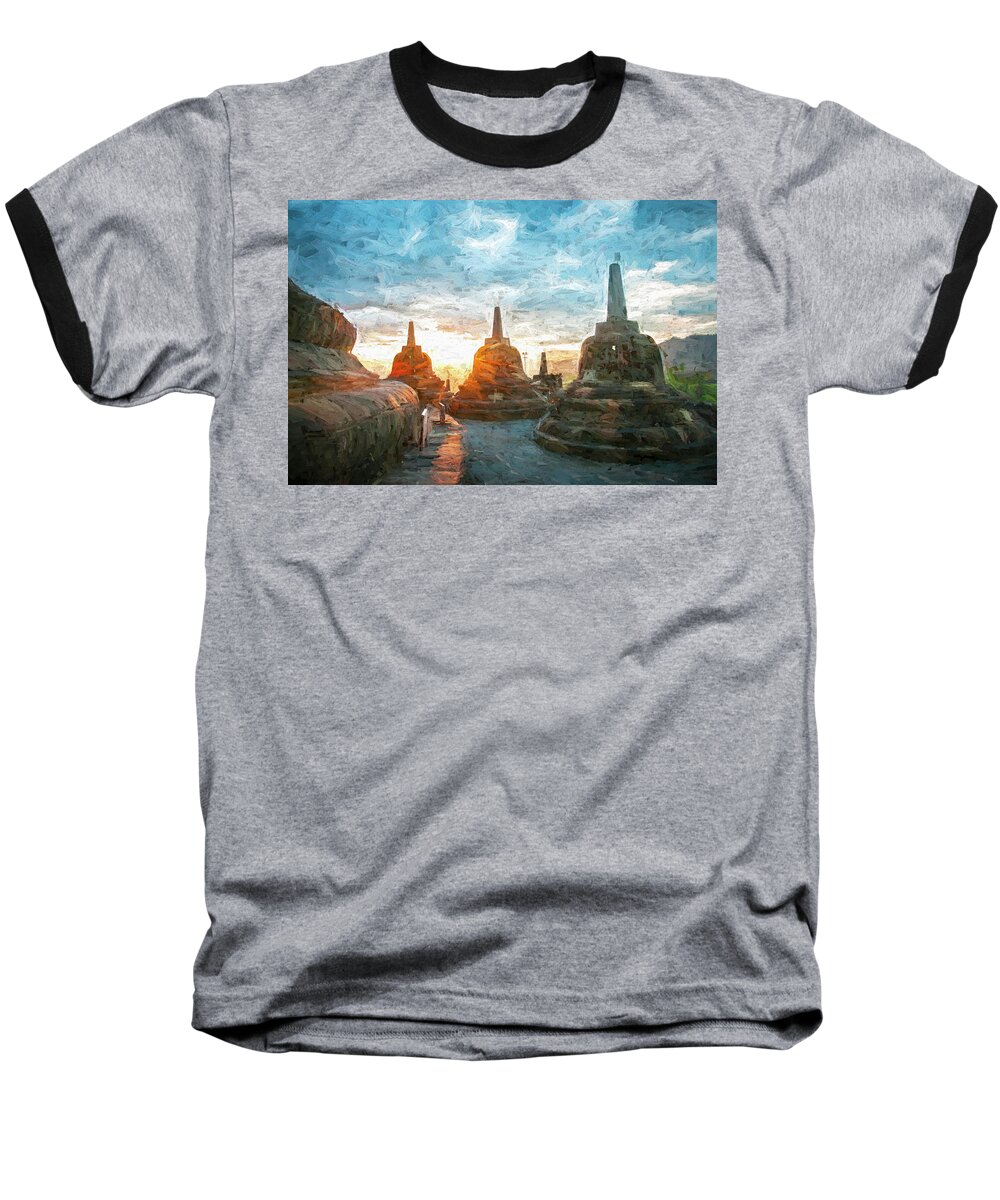 Buddha Baseball T-Shirt featuring the digital art Sunrise Borobudur Temple Painterly Style by Joseph S Giacalone
