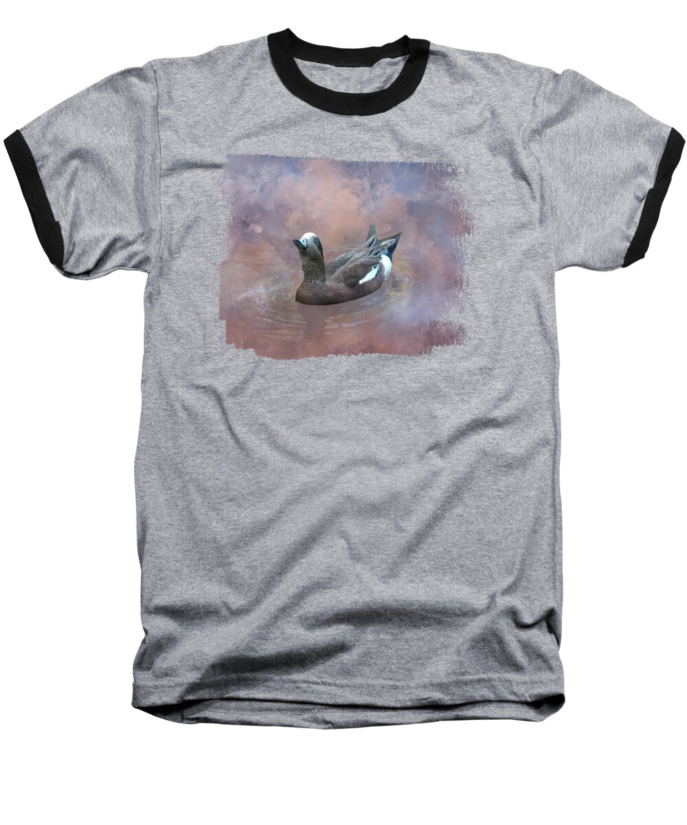 American Wigeon Baseball T-Shirt featuring the mixed media Swimming American Wigeon One by Elisabeth Lucas