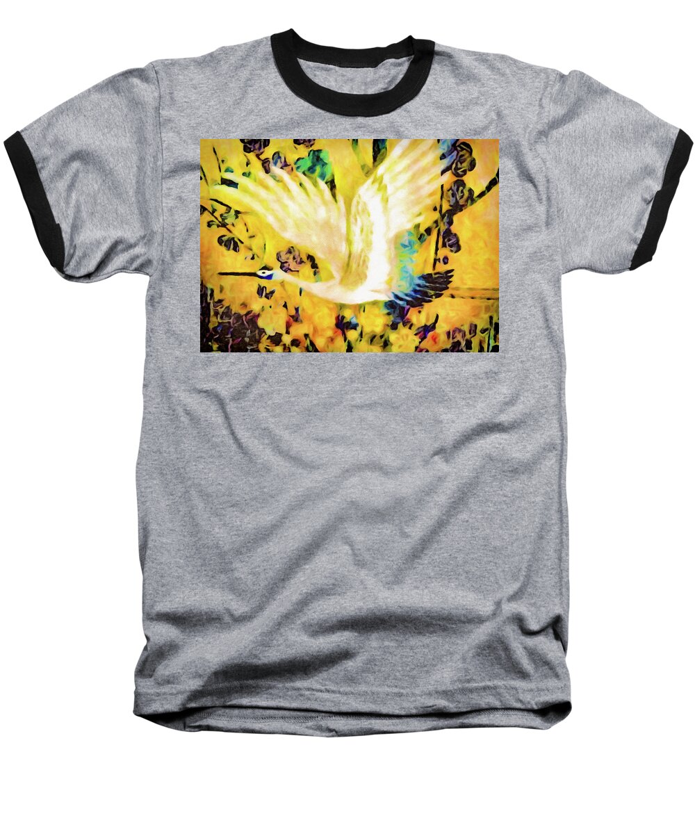 Crane Baseball T-Shirt featuring the digital art Taking Wing Above the Garden - Kimono Series by Susan Maxwell Schmidt