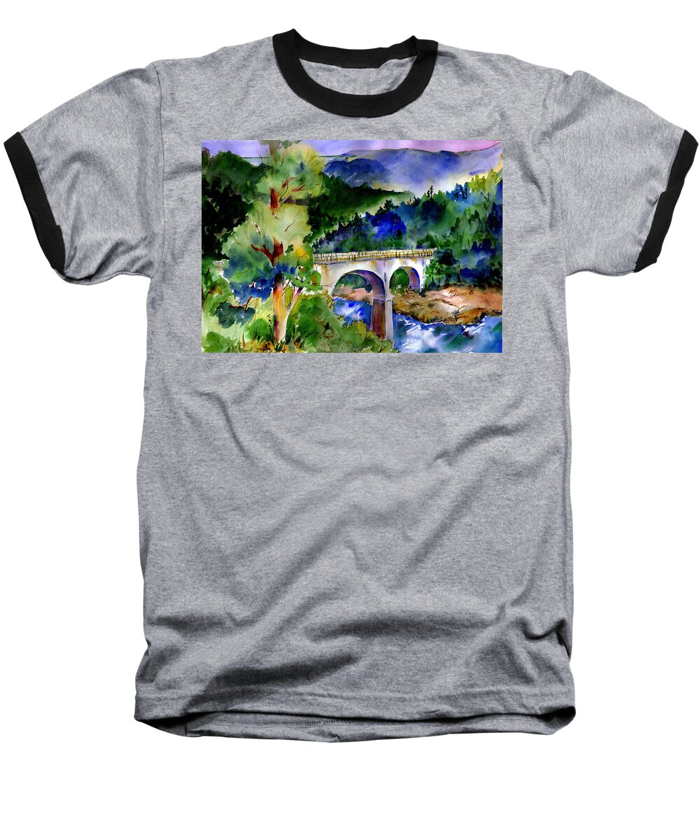 No Hands Bridge Baseball T-Shirt featuring the painting Tale of Two Bridges by Joan Chlarson