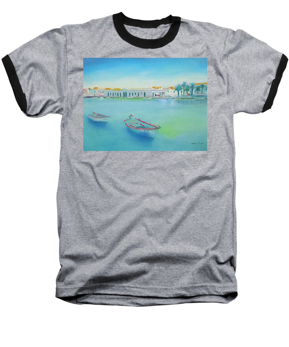 Boat Baseball T-Shirt featuring the painting Tavira Portugal the Old Market by Charles Stuart