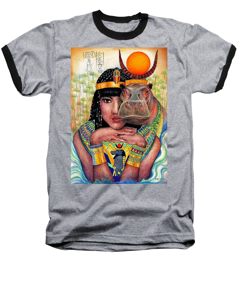 Egyiptian Taweret Goddess Baseball T-Shirt featuring the drawing Taweret by Bernadett Bagyinka