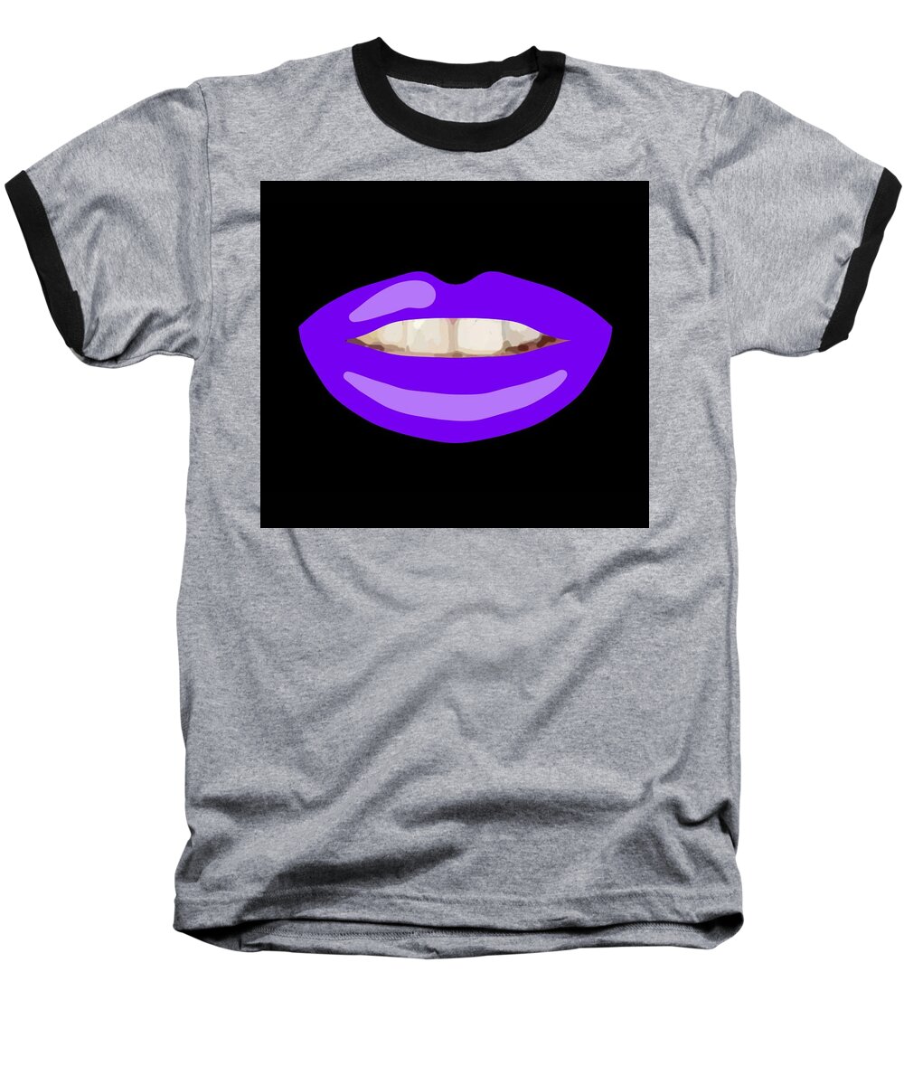 Lips Baseball T-Shirt featuring the drawing Teeth Smile Purple Lips Black BG Novelty Face Mask by Joan Stratton