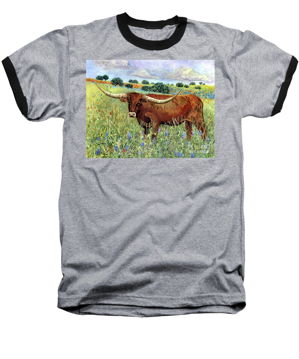 Longhorn Baseball T-Shirt featuring the painting Texas Longhorn 2-pastel colors by Hailey E Herrera