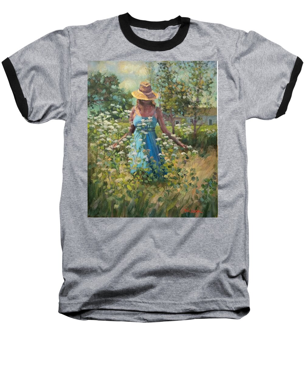Plein Air Baseball T-Shirt featuring the painting The blue dress by Jeff Dickson