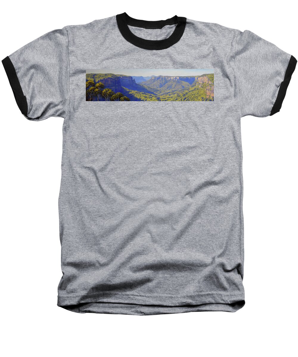 Blue Mountains Baseball T-Shirt featuring the painting The Blue Mountains Govetts leap by Graham Gercken