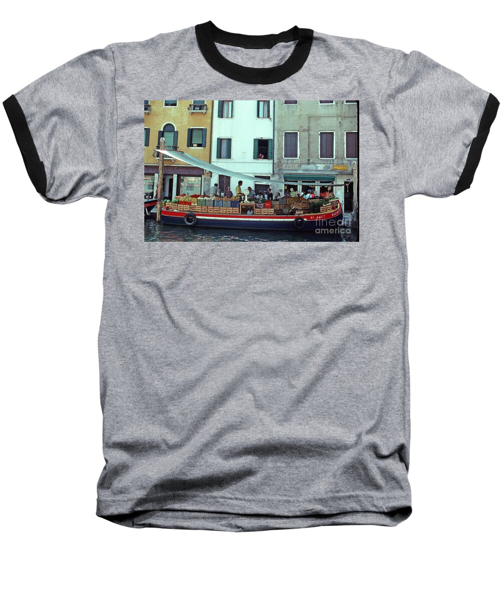 Old World Baseball T-Shirt featuring the photograph The Boat Market, Farm Fresh Food, Venice, Italy. by Tom Wurl