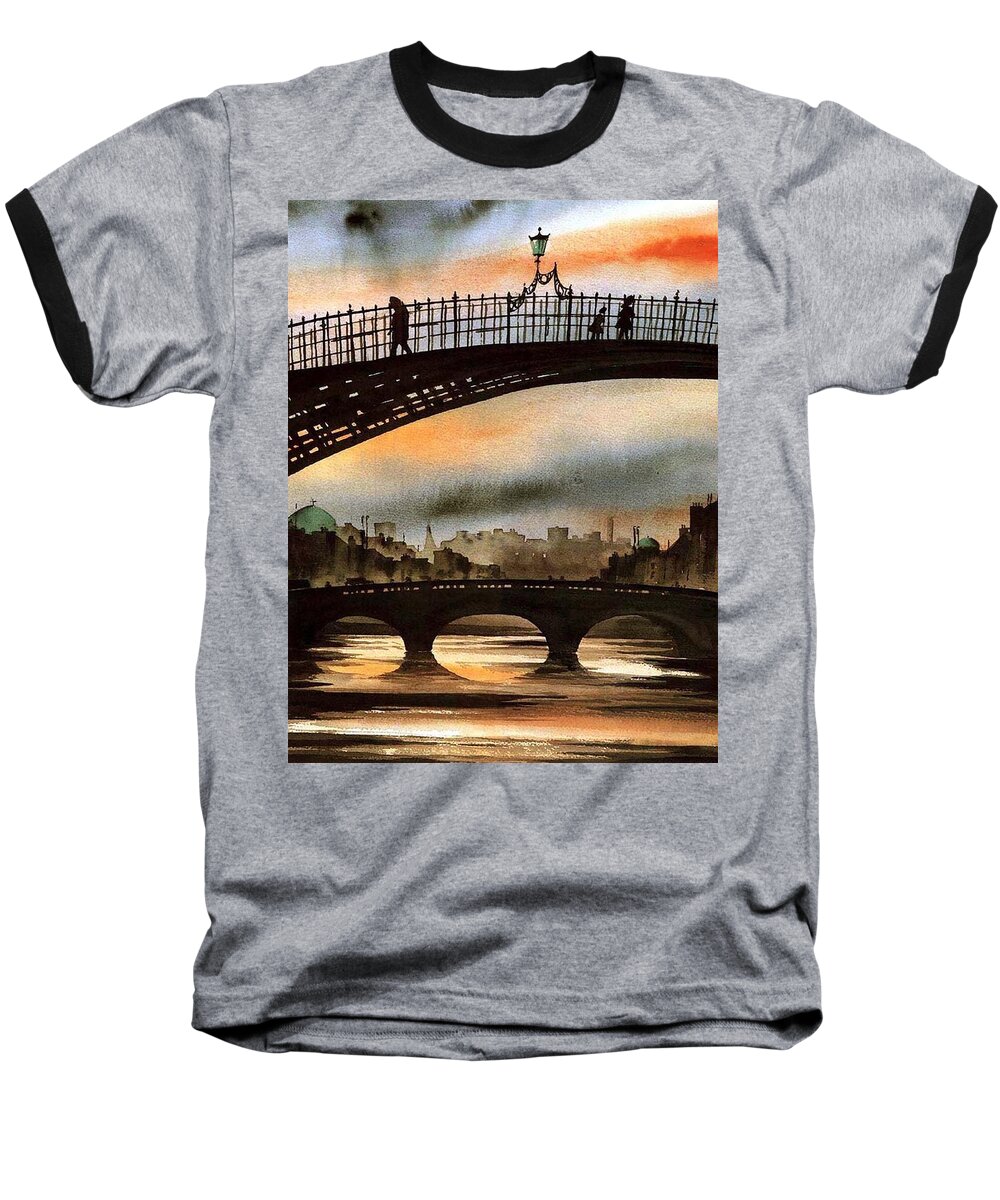  Baseball T-Shirt featuring the painting The Ha'penny Bridge, River Liffey. by Val Byrne