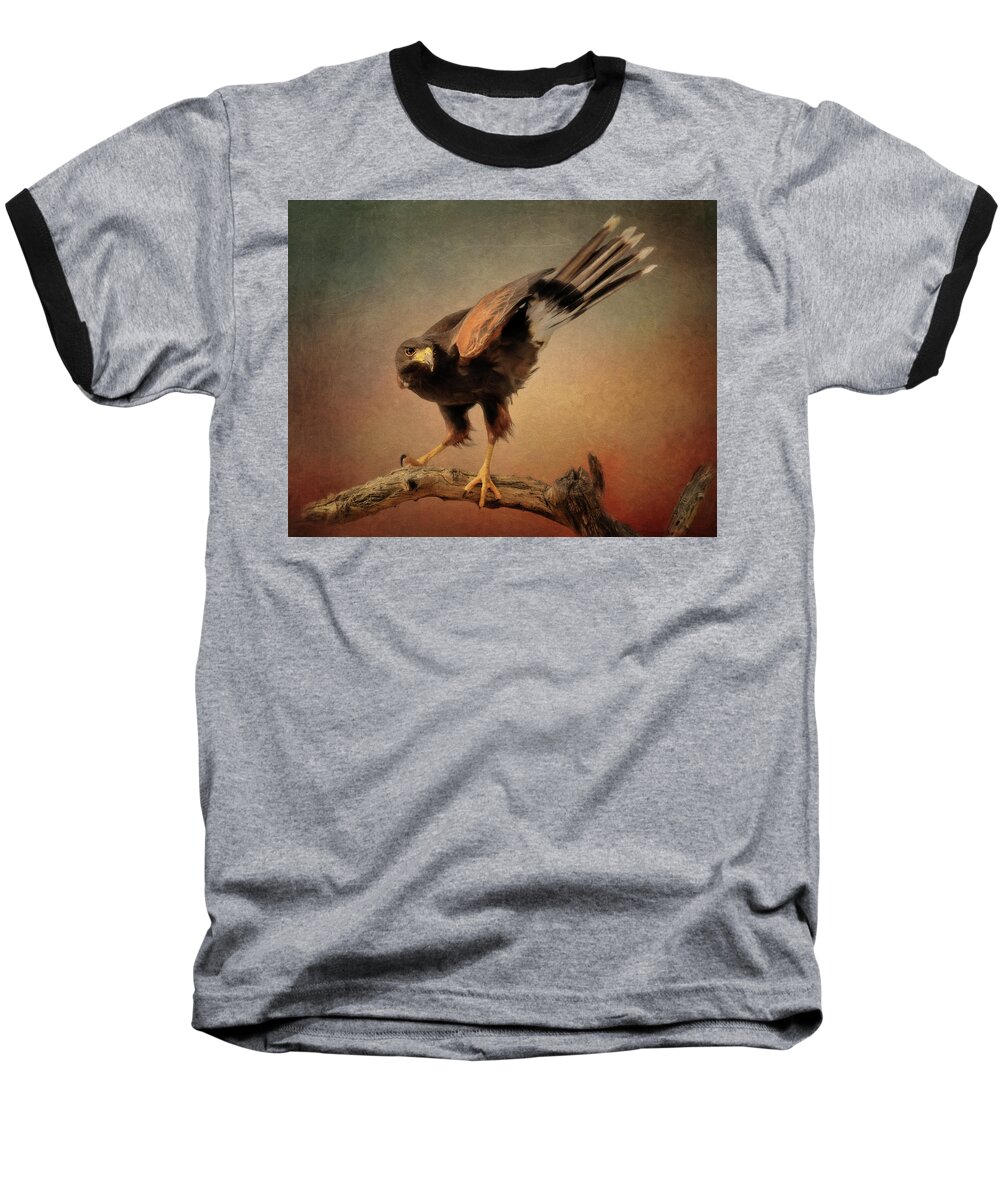 Black Cactus Baseball T-Shirt featuring the digital art The Harris's Hawk by Steve Kelley