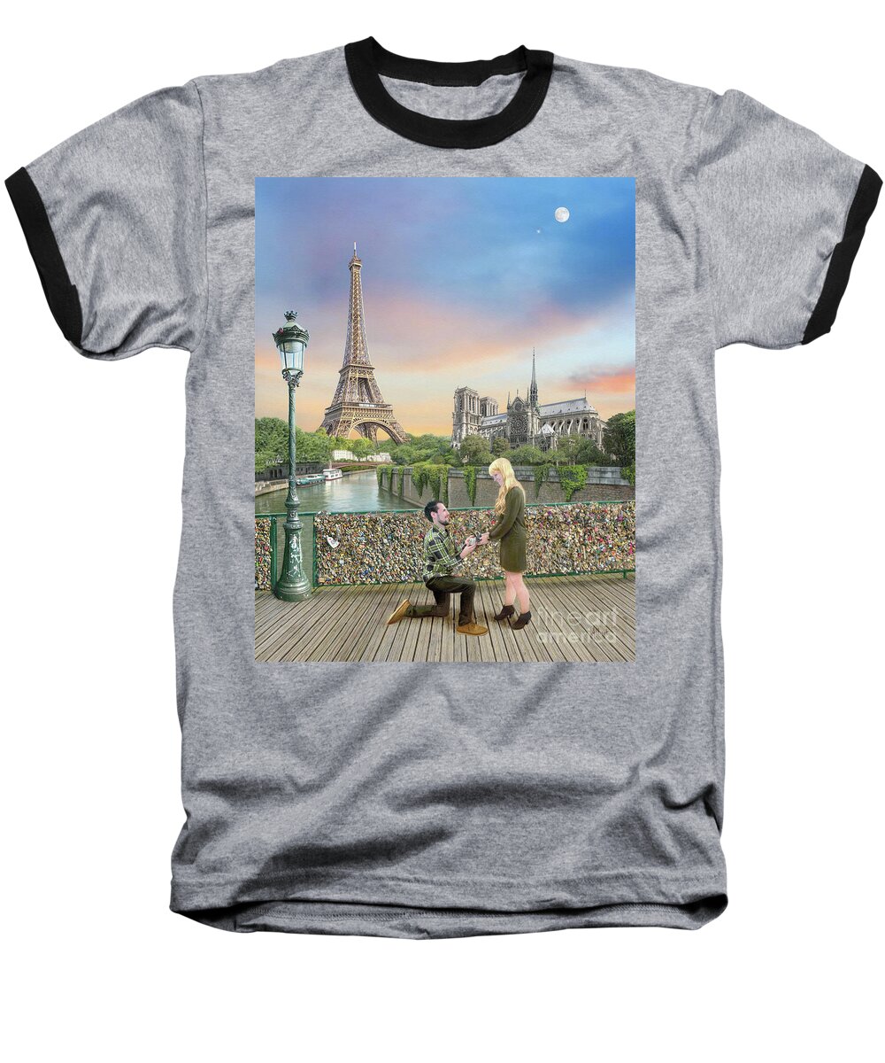 Paris Baseball T-Shirt featuring the drawing The Love Lock Bridge by Albert Puskaric