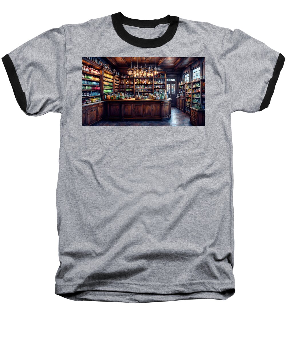 Vintage Baseball T-Shirt featuring the digital art The Old Chemist Shop by Ian Mitchell