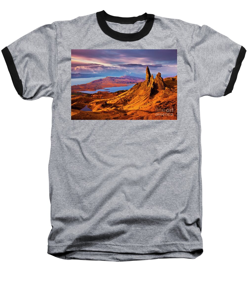 Old Man Of Storr Baseball T-Shirt featuring the photograph Old Man of Storr at sunrise, Isle of Skye by Neale And Judith Clark