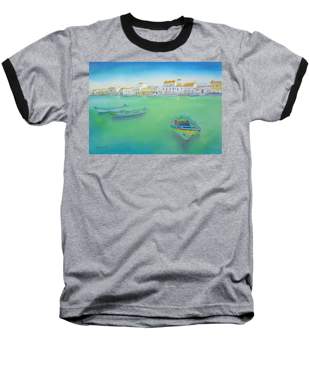 Boat Baseball T-Shirt featuring the painting the old port Tavira Portugal by Charles Stuart