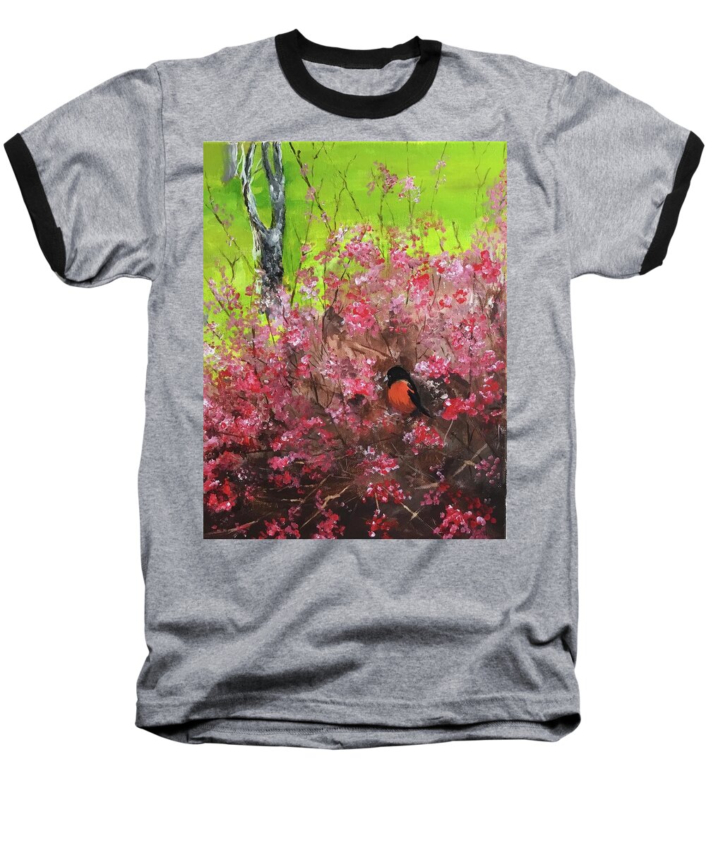 Quince Bush Baseball T-Shirt featuring the painting The Oriel by Ellen Canfield