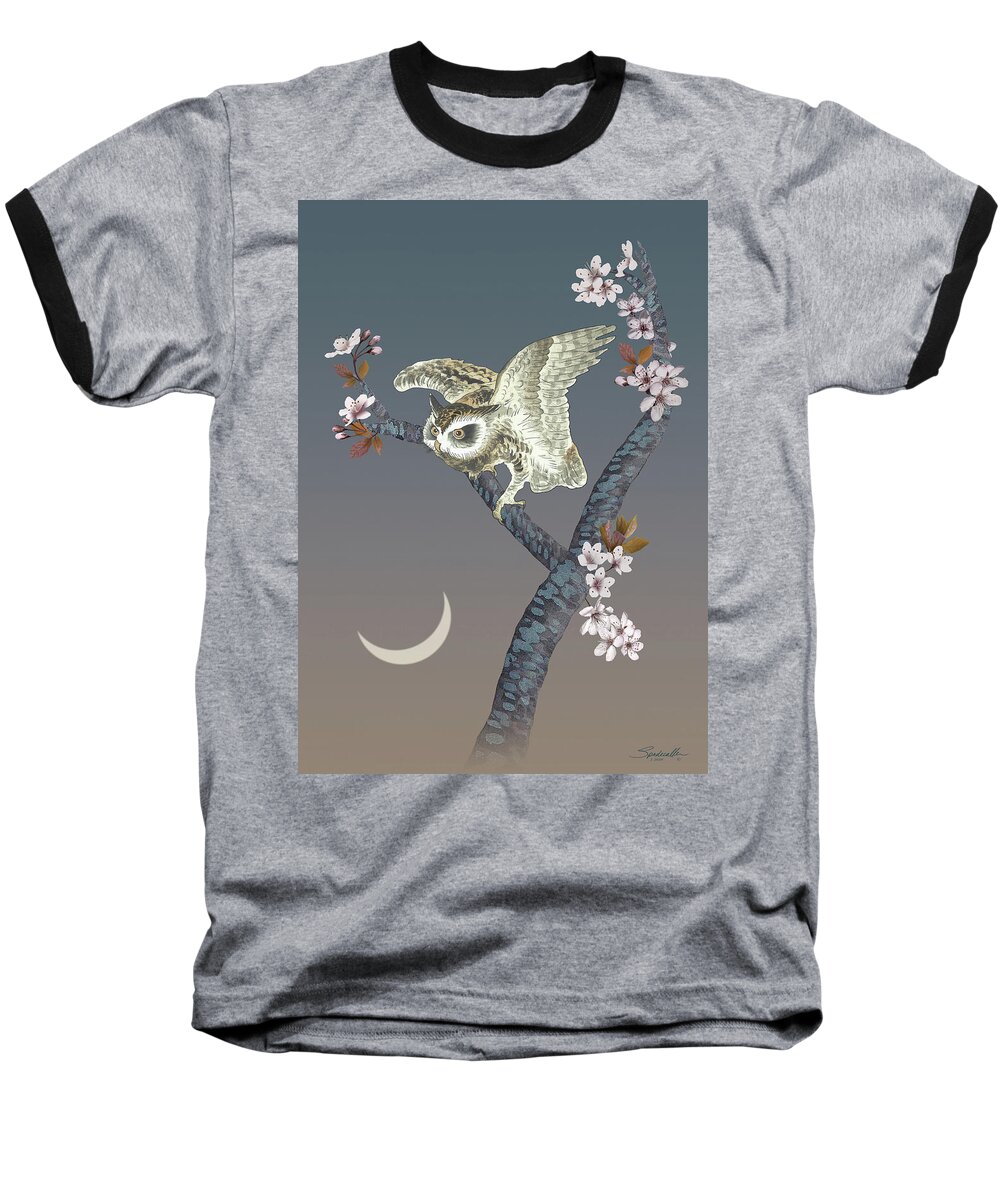 Owl Baseball T-Shirt featuring the mixed media The Owl and the Moon by M Spadecaller