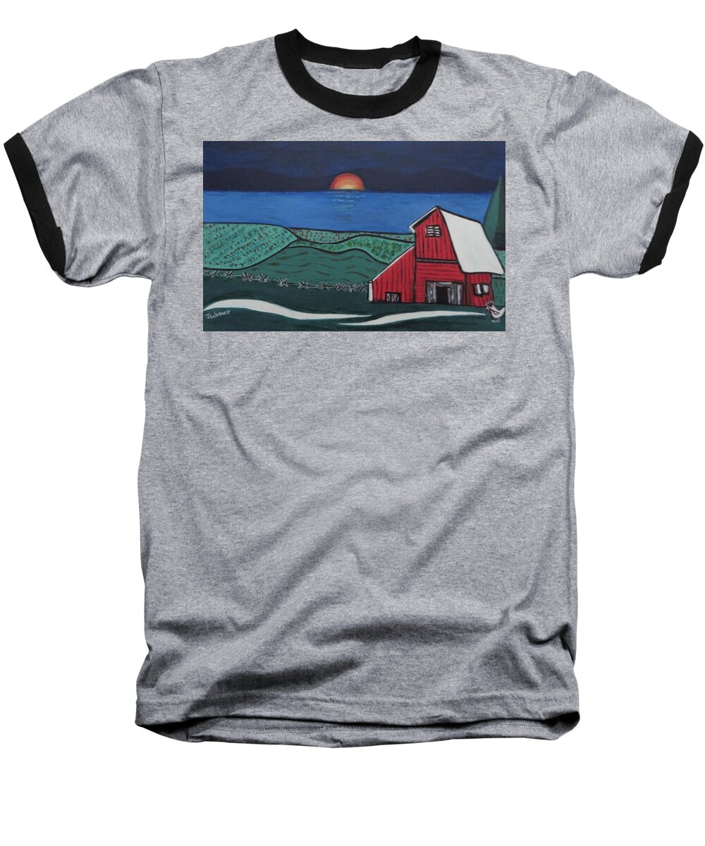 Red Barn Baseball T-Shirt featuring the painting The Red Barn at Dusk by Joyce Gebauer