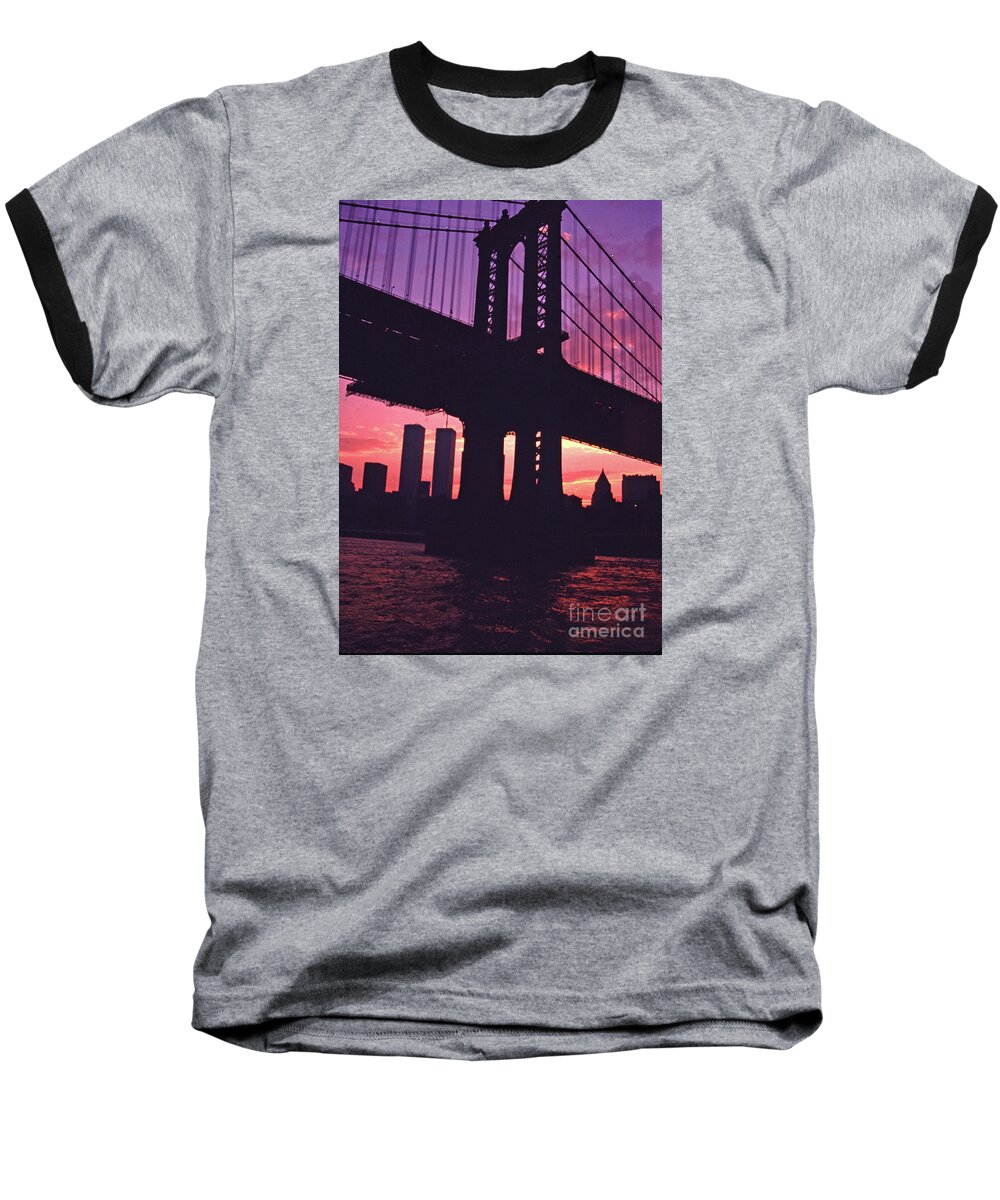 World Trade Center Towers Baseball T-Shirt featuring the photograph The Twin Towers And A Manhattan Bridge Tower At Sunset. by Tom Wurl