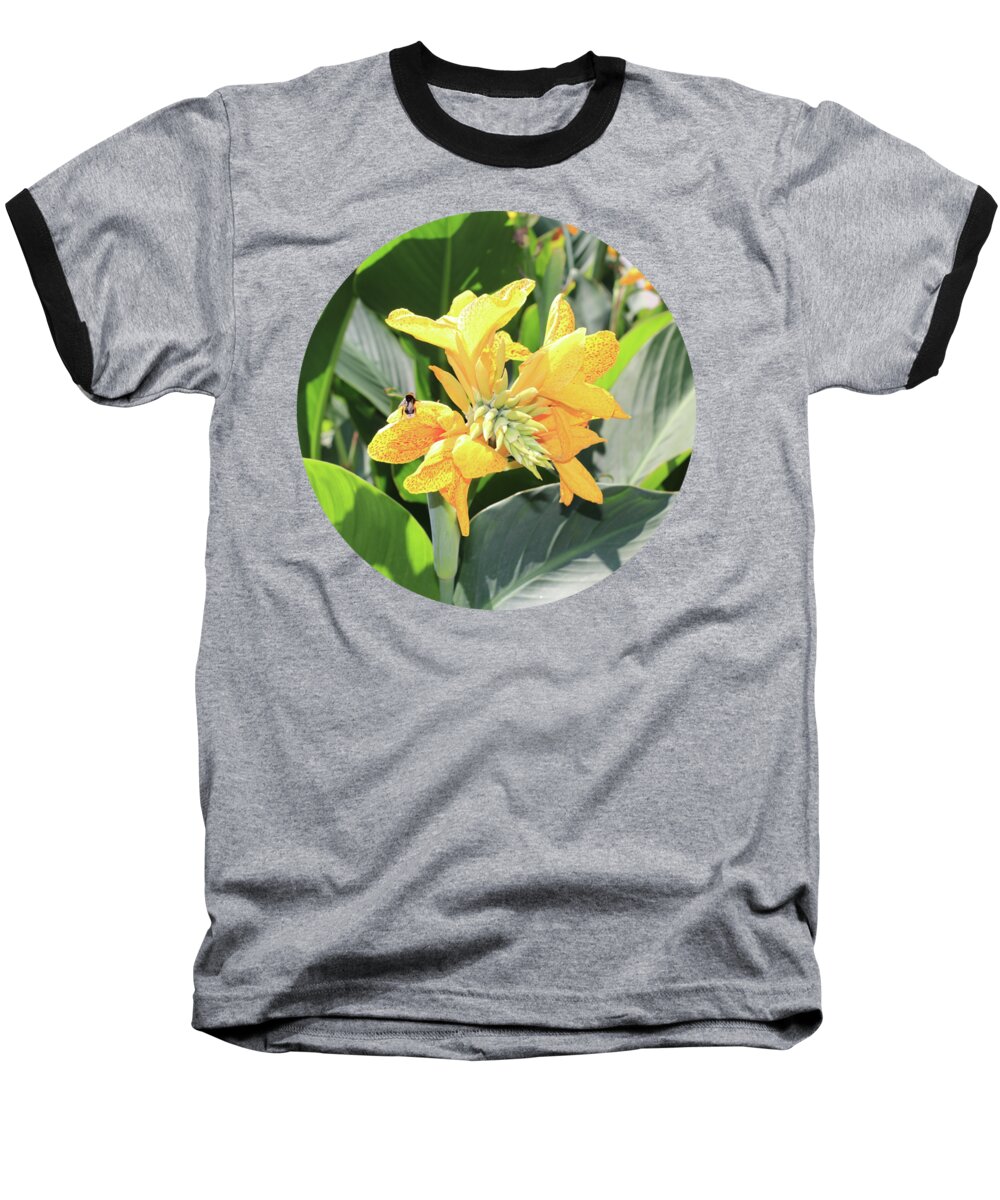 Yellow Baseball T-Shirt featuring the photograph The yellow speckled canna lily with pollinating bee on it by Ira Niva