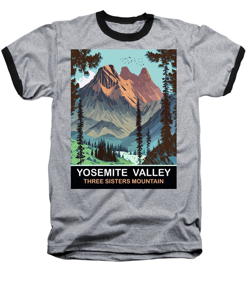 Three Sisters Baseball T-Shirt featuring the digital art Three Sisters Mountain, Yosemite Valley by Long Shot