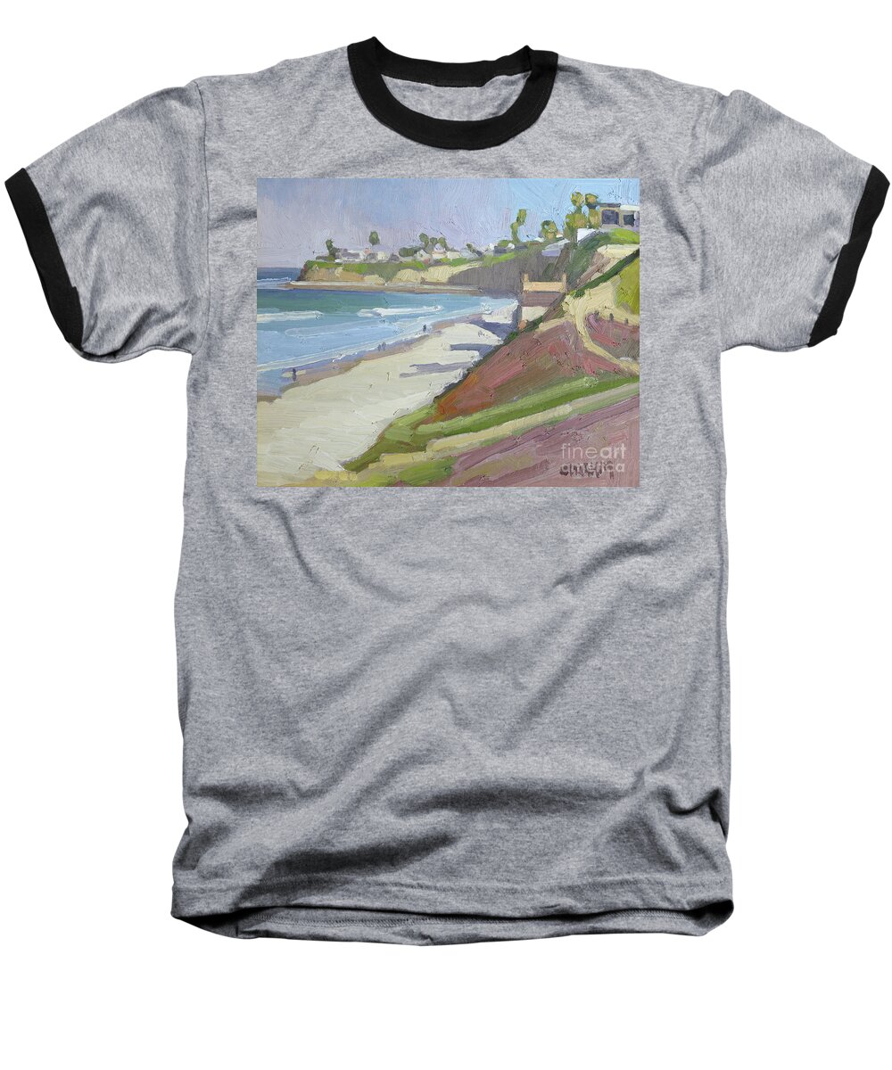 Palisades Park Baseball T-Shirt featuring the painting Tourmaline Surfing Park - Pacific Beach, San Diego, California by Paul Strahm