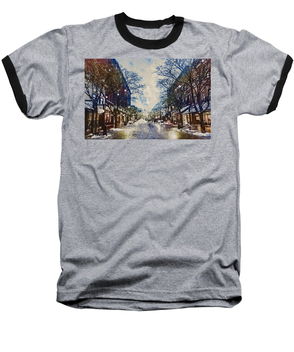 Twilight Baseball T-Shirt featuring the painting Twilight in Winter Town by Alex Mir