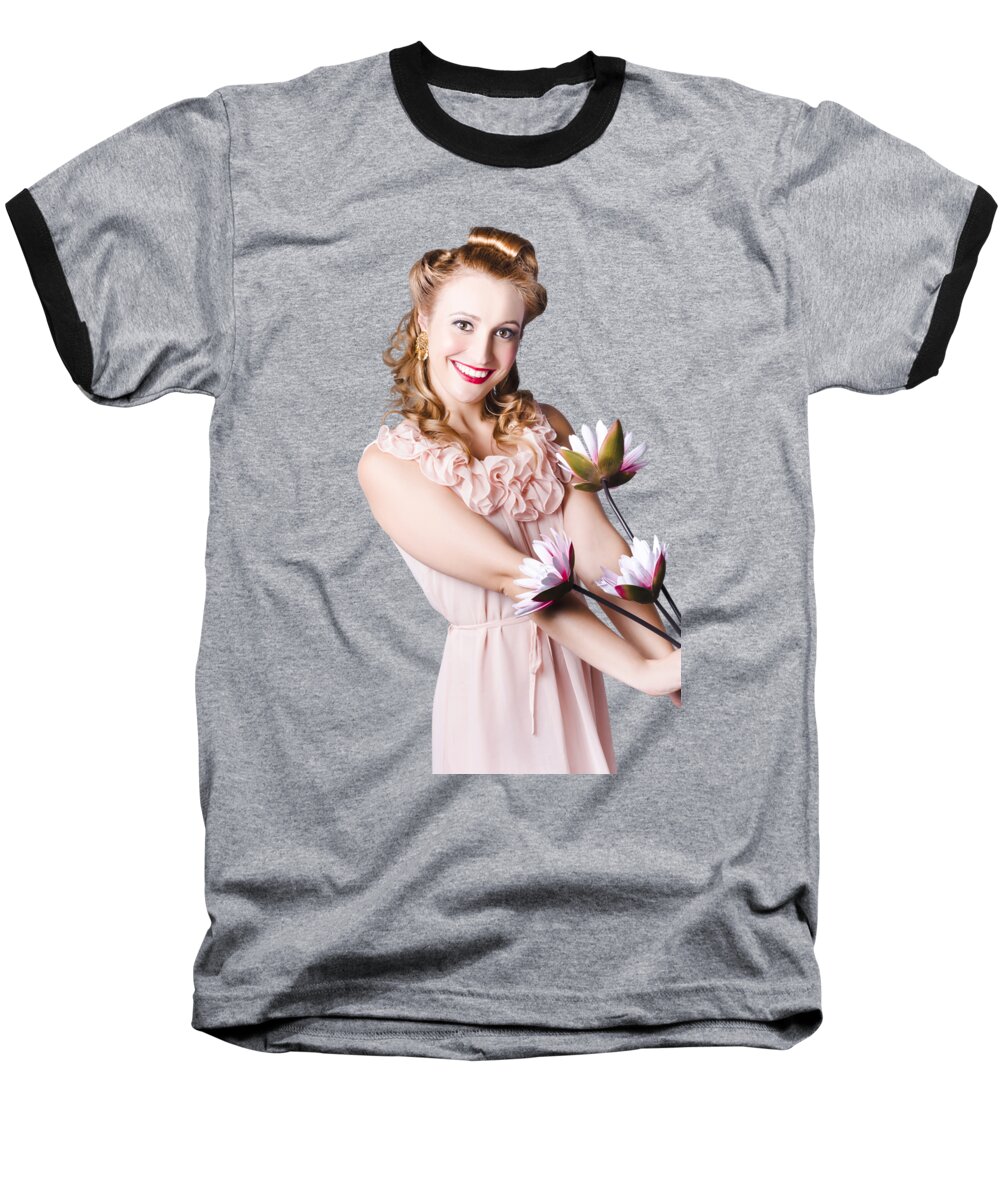 Flower Baseball T-Shirt featuring the photograph Vintage lily pinup girl by Jorgo Photography