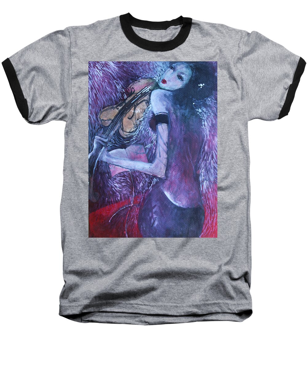 Woman Baseball T-Shirt featuring the painting Violin player on the stage by Maya Manolova