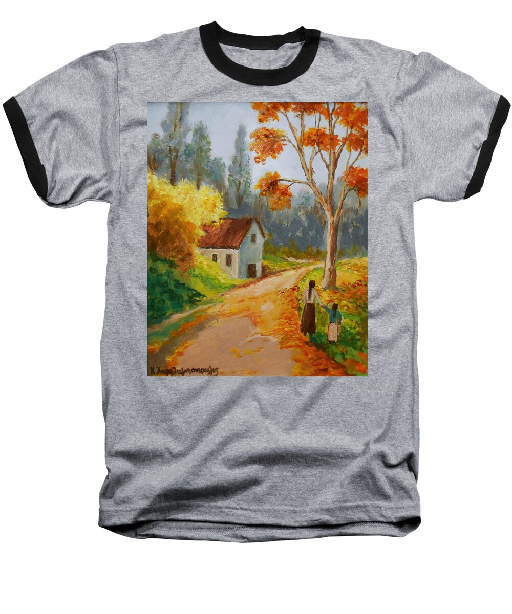 Autumn Baseball T-Shirt featuring the painting Walk In Autumnal Forrest by Konstantinos Charalampopoulos