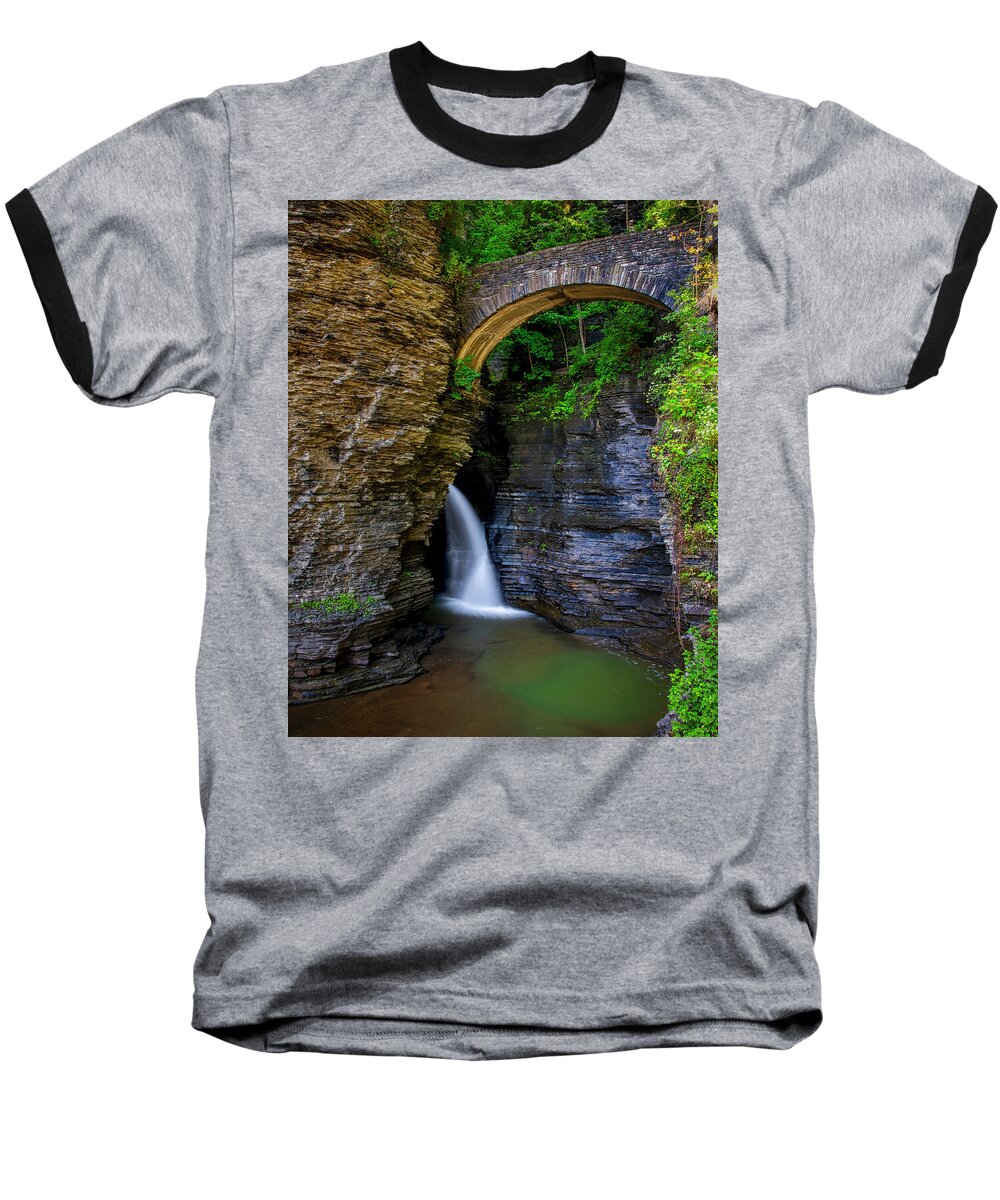 New York Baseball T-Shirt featuring the photograph Watkins Glen Suspension B ridge cascade by Andy Crawford