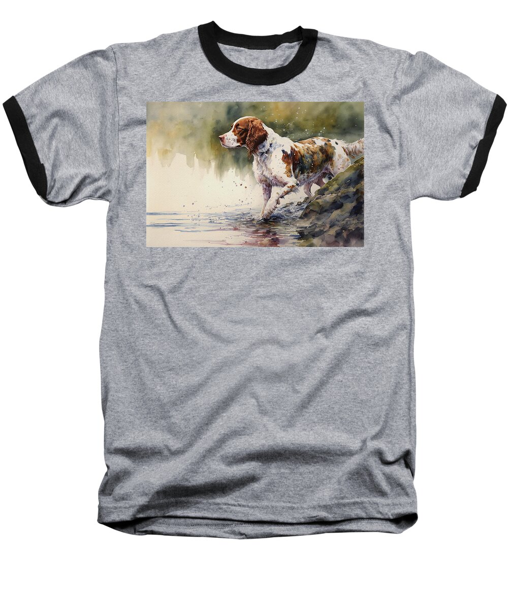 Dog Baseball T-Shirt featuring the painting Welsh Springer Spaniel by the River by Kai Saarto