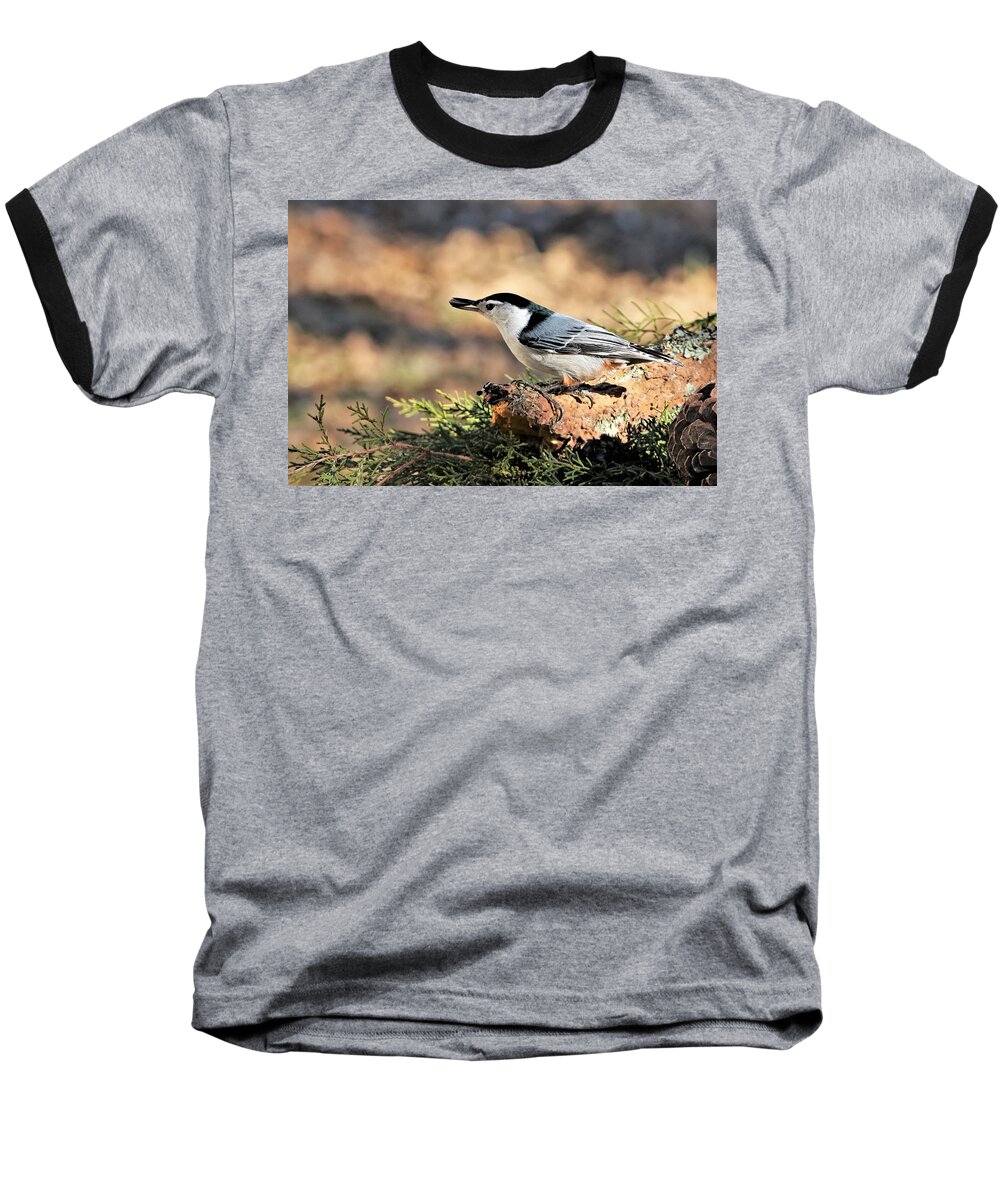 Nature Baseball T-Shirt featuring the photograph White-breasted Nuthatch with Seed by Sheila Brown