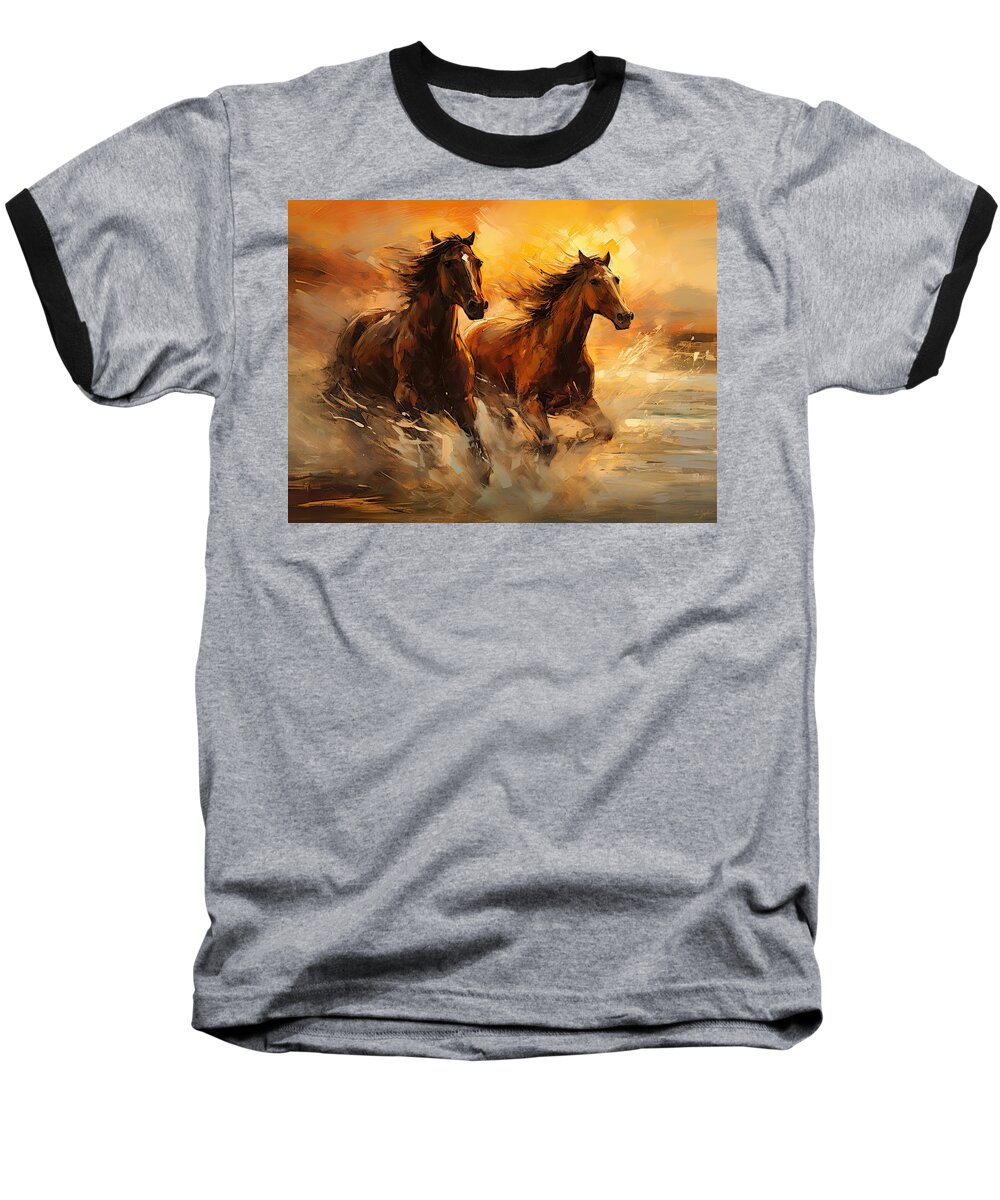 Horse Racing Art Baseball T-Shirt featuring the photograph Wild Horses at Sunset by Lourry Legarde