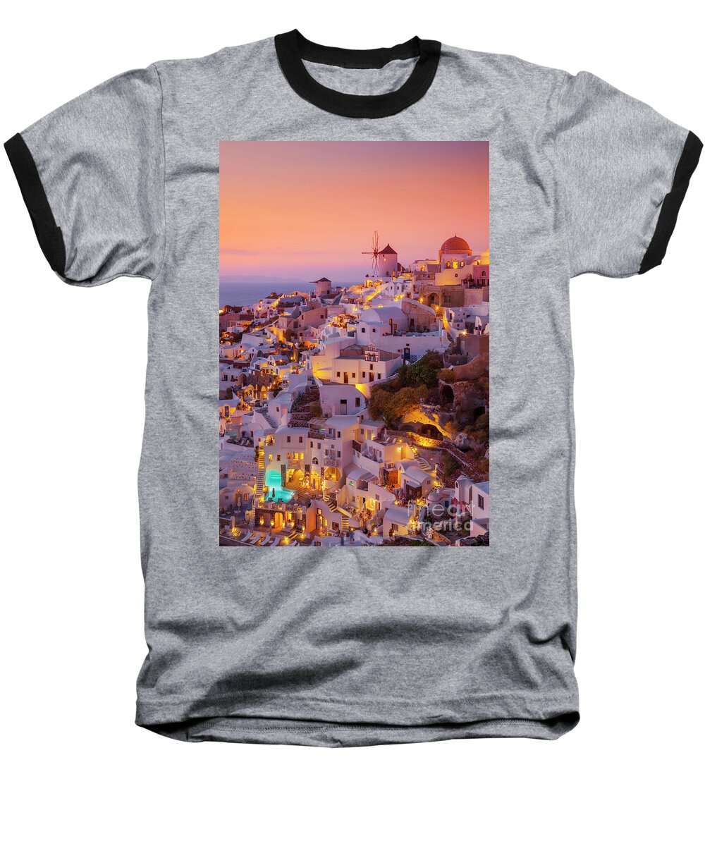 Santorini Oia Baseball T-Shirt featuring the photograph Windmill and white houses at sunset, Oia, Santorini, Greece by Neale And Judith Clark