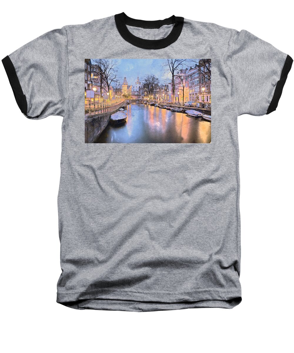 Amsterdam Baseball T-Shirt featuring the mixed media Winter Amsterdam by Alex Mir