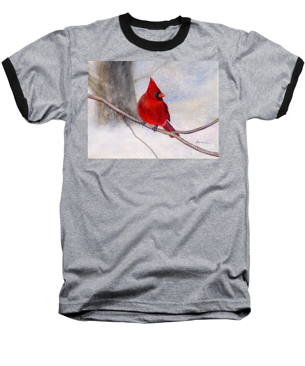 Cardinal Baseball T-Shirt featuring the painting Winter Cardinal by Hailey E Herrera