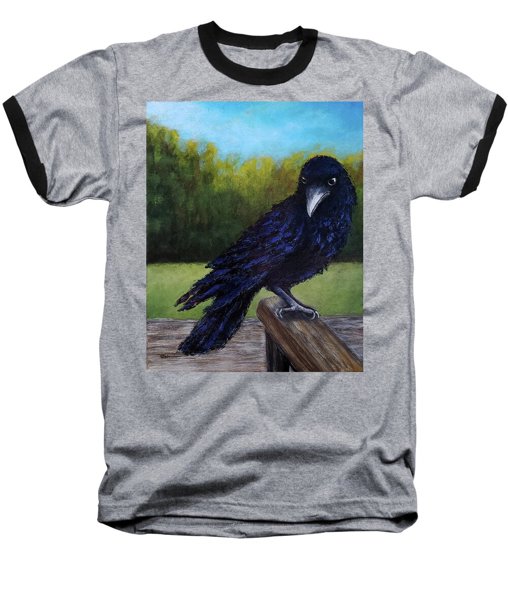 Crow Baseball T-Shirt featuring the painting With Baited Breath by Cindy Johnston