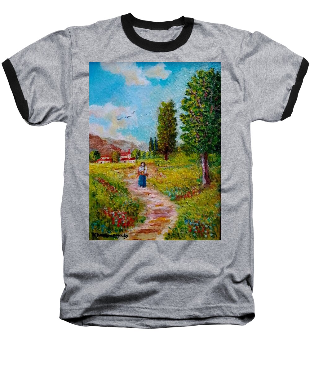 Landscapes Baseball T-Shirt featuring the painting Walk on Spring pathway by Konstantinos Charalampopoulos