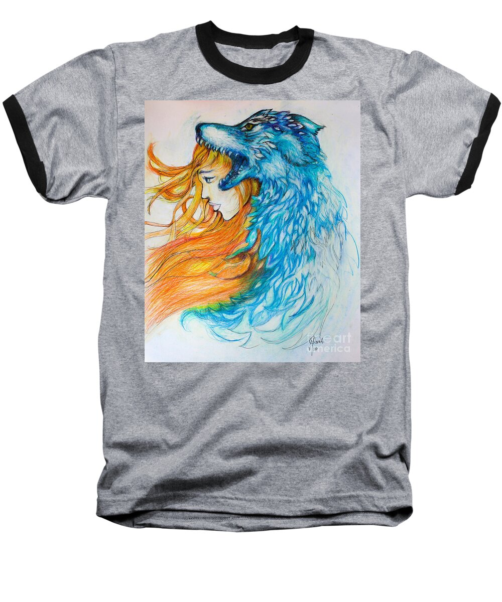 Wolf Baseball T-Shirt featuring the drawing Wolf in the Willow by Marat Essex