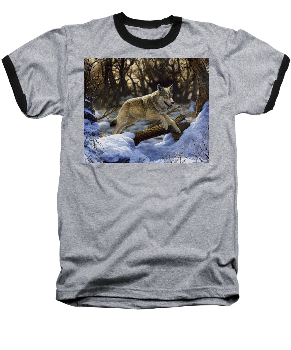Wolf Baseball T-Shirt featuring the painting Wolf Running in the Snow by Crista Forest
