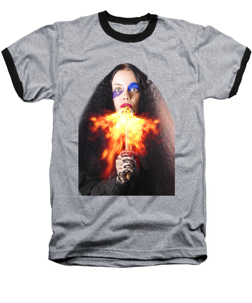 Fire Baseball T-Shirt featuring the photograph Woman breathing fire from mouth by Jorgo Photography