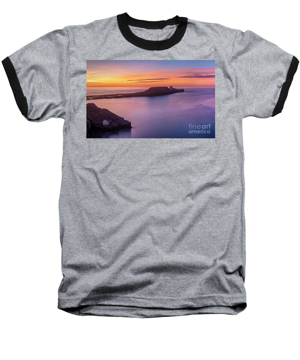 Rhossili Sunset Baseball T-Shirt featuring the photograph Worms Head Sunset, Rhossili, Gower coast, Wales by Neale And Judith Clark