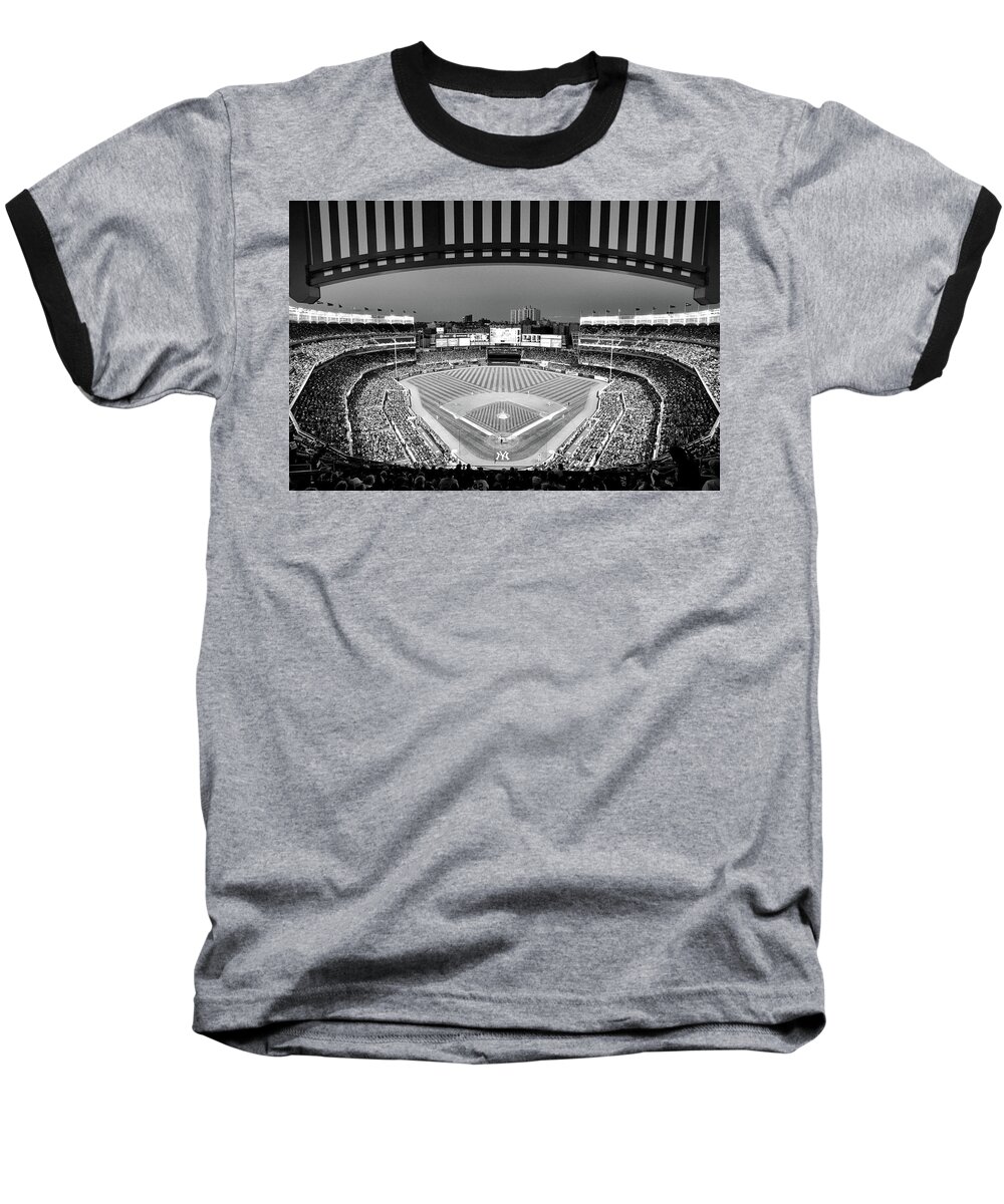 Yankee Stadium Baseball T-Shirt featuring the photograph Yankee Stadium 2 - B and W by Allen Beatty