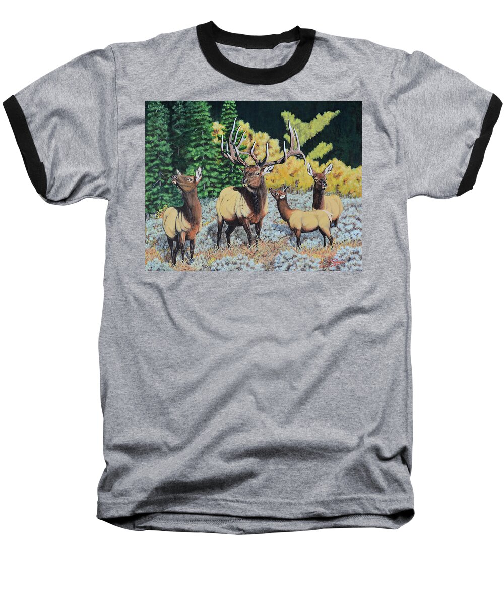 Elk Baseball T-Shirt featuring the painting Young Admirer by Darcy Tate